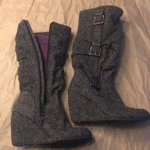 Ruched tweed boots with buckle detail